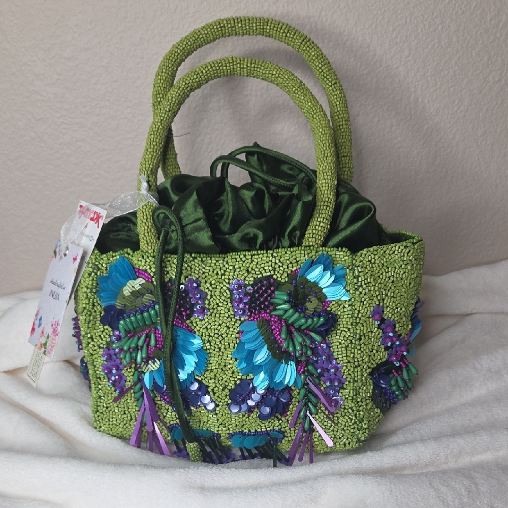 Green Beaded Handbag with Floral Accents